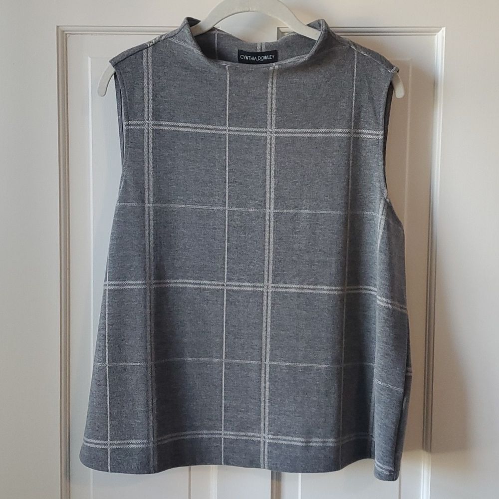 NWT CYNTHIA ROWLEY KNIT VEST SLEEVELSS TOP WINDOWPANE MOCK NECK GRAY SIZE 14